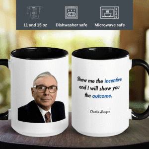 Charlie Munger quote mug with “show me the incentives and I’ll show you the outcome” printed on ceramic coffee mug