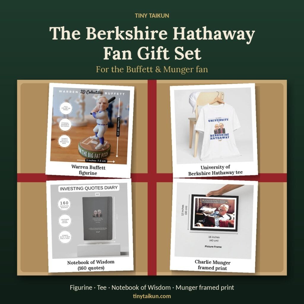 Berkshire Hathaway fan gift set with Warren Buffett 3D figurine, University of Berkshire Hathaway T-shirt, Notebook of Wisdom and Charlie Munger framed print