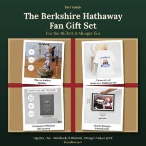 Berkshire Hathaway fan gift set with Warren Buffett 3D figurine, University of Berkshire Hathaway T-shirt, Notebook of Wisdom and Charlie Munger framed print