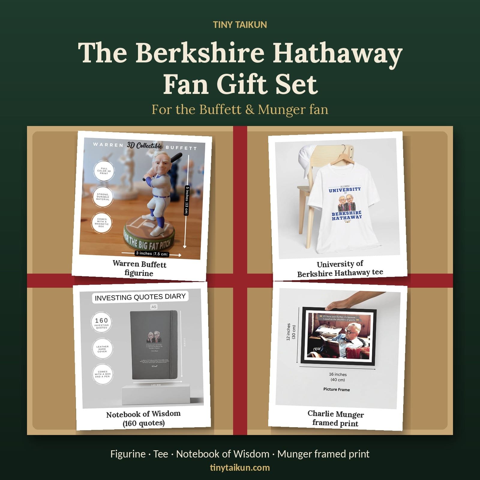Berkshire Hathaway fan gift set with Warren Buffett 3D figurine, University of Berkshire Hathaway T-shirt, Notebook of Wisdom and Charlie Munger framed print