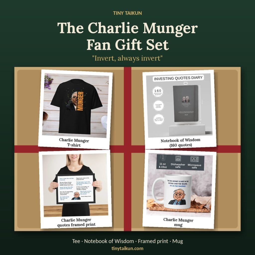 Charlie Munger fan gift set with Munger T-shirt, notebook, framed quotes print and mug