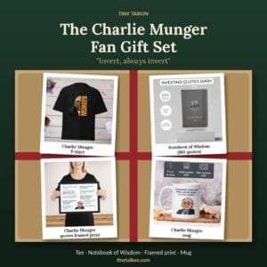 Charlie Munger fan gift set with Munger T-shirt, notebook, framed quotes print and mug
