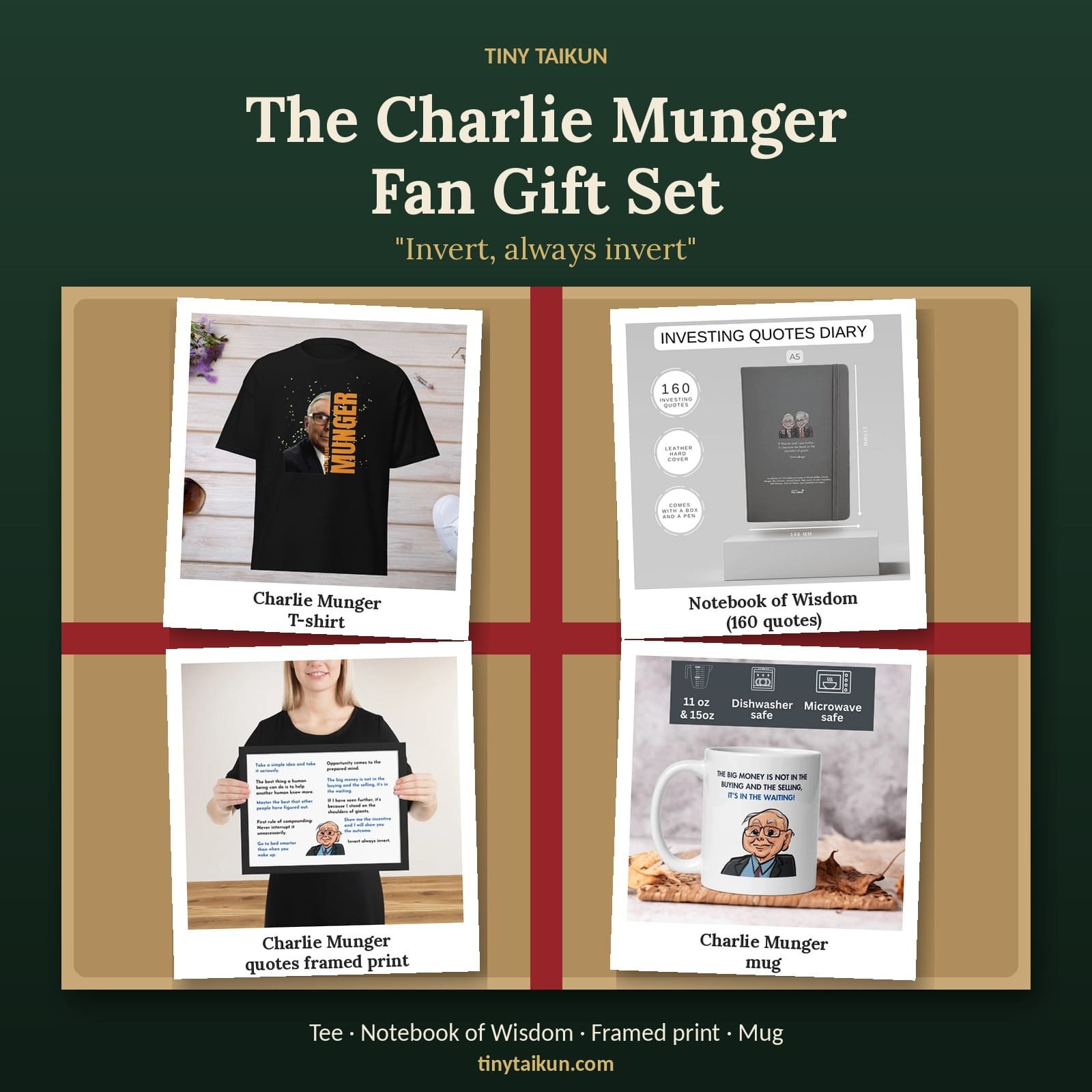 Charlie Munger fan gift set with Munger T-shirt, notebook, framed quotes print and mug