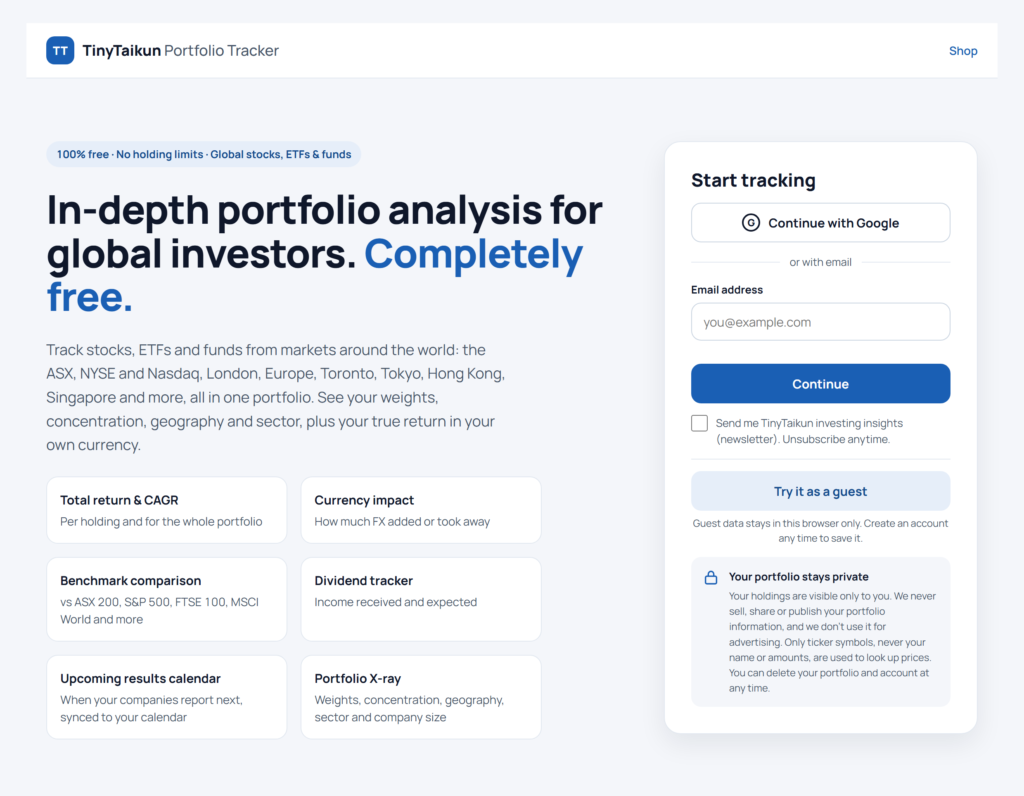 Free portfolio tracker welcome screen with sign-in options and a guest option